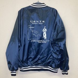 Vintage US Navy Training Station Satin Varsity Bomber Jacket Men's 2XL RARE